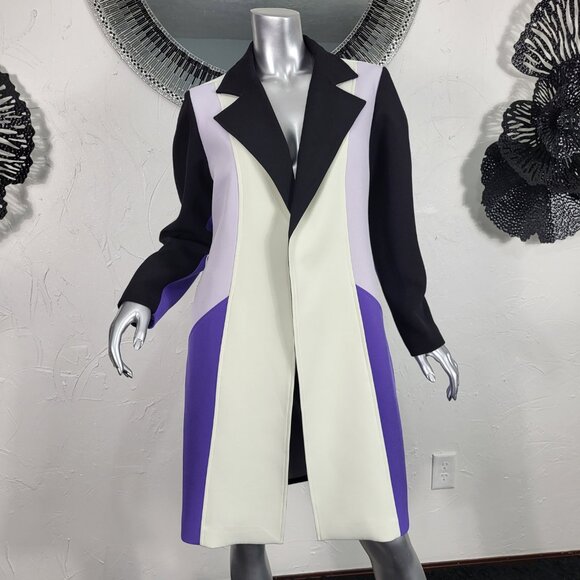 NWT~$695~TOCCIN~SZ S~STUNNING PURPLE BLACK BELTED COLORBLOCK TRENCH COAT JACKET - Picture 11 of 16